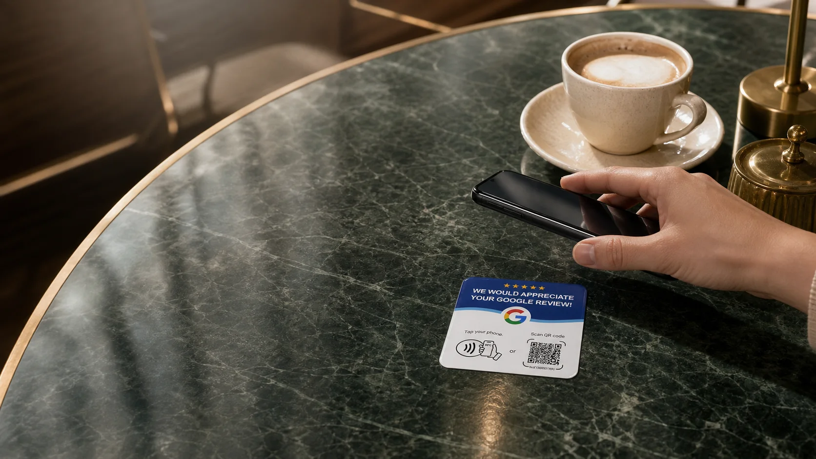 Téléphone approché d’une plaque NFC FidElite installée sur une table